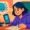 Ilustrasi digital bergaya modern dan minimalis menampilkan siswi muda dengan hoodie ungu yang menggunakan ponsel untuk mencontek saat ujian, dengan proyeksi otak AI berwarna biru dan sirkuit digital dari layar ponsel, duduk di ruang kelas dengan siswa lain di latar belakang.
