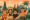 Ilustrasi modern minimalis bergaya Gen Z menampilkan avatar Roblox berkumpul di Bali dengan latar pura, gunung, dan pohon kelapa, menggambarkan komunitas Roblox lokal di Bali.