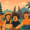 Ilustrasi modern minimalis bergaya Gen Z menampilkan avatar Roblox berkumpul di Bali dengan latar pura, gunung, dan pohon kelapa, menggambarkan komunitas Roblox lokal di Bali.