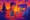 Epic minimalistic Gen Z style illustration of a young man using a laptop with a glowing .com domain symbol, set against a vibrant Bali-inspired tropical sunset and temple silhouette